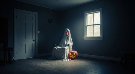 Scary halloween ghost in dark room. 3D renderingの素材