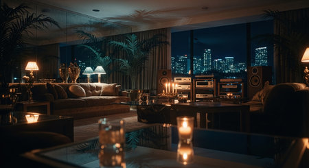 Interior of luxury living room at night. Night view. 3d renderingの素材