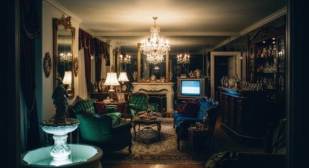 Interior of a luxury hotel room with furniture and a fireplace.の素材
