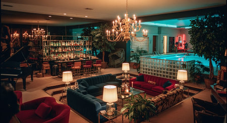 Luxury hotel lobby interior with sofas and candles.の素材