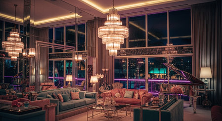 Luxury interior of a living room with a view of the cityの素材