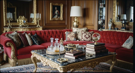 Luxury interior of a living room with a red sofa and a tableの素材