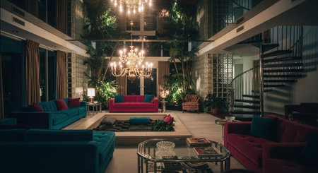 Luxury living room with red sofa and armchairs in the eveningの素材