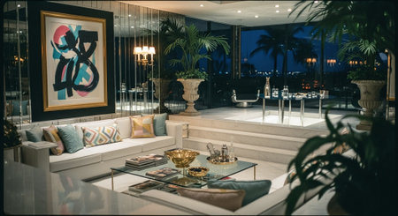 Interior of a luxury hotel lobby at night. 3d renderingの素材