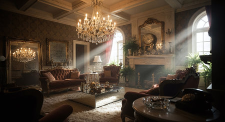 Luxury interior of the living room in classic style. Sofa, armchairs, coffee table, mirror, fireplace and bookshelf.の素材