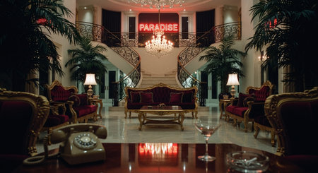 Luxury hotel lobby interior with red armchairs, sofa and glass of champagneの素材