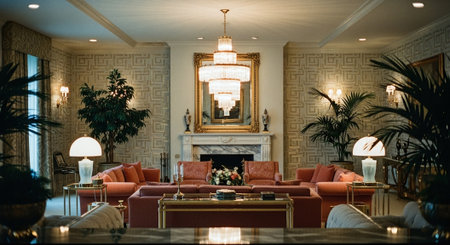 Luxury living room interior with fireplace, sofa and armchairsの素材