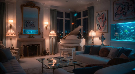 Luxury living room with a piano and a fireplace in the eveningの素材