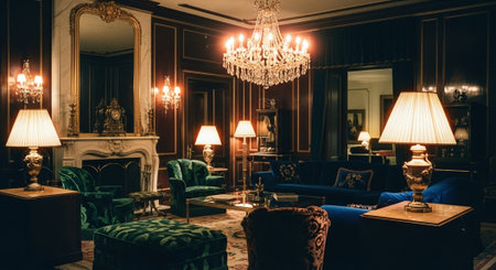 Luxury hotel room with classic furniture, armchairs and fireplaceの素材