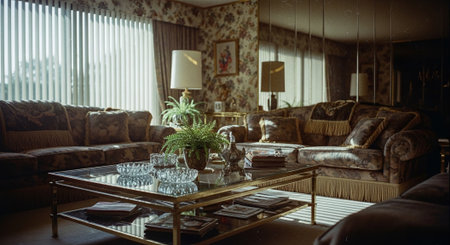 Interior of a living room with sofa, coffee table and lampの素材