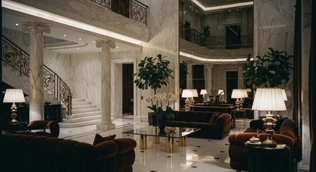 Luxury hotel lobby interior design with marble walls. 3d renderの素材