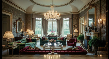 Luxury living room interior in classic style with fireplace, sofa and armchair.の素材