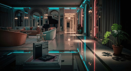 Interior of a hotel room with neon lights. 3d renderingの素材