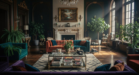 Luxury interior of a living room with a fireplace and a classic sofaの素材