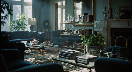 Luxury interior of the living room in classic style. Sofa, armchair, coffee table and books.の素材
