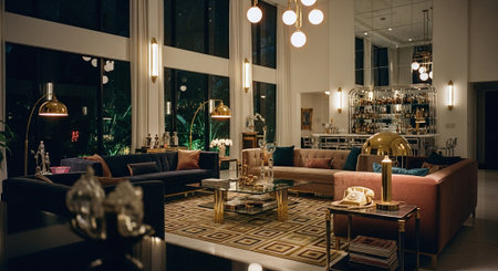 Interior of luxury hotel lobby with sofas and coffee tablesの素材