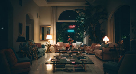 Interior of a hotel room with a sofa and a lamp.の素材