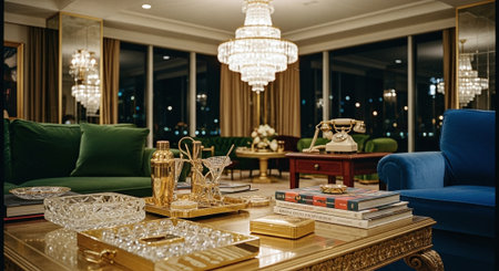 Luxury living room interior design with sofa, coffee table, coffee table, armchair and bookcaseの素材