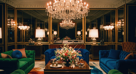 Luxury hotel lobby interior with a lot of furniture and lightingの素材