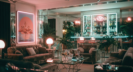 Luxury interior of a night club with tables and chairsrated with neon lightsの素材