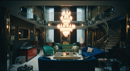 Interior of a modern living room with a big chandelierの素材