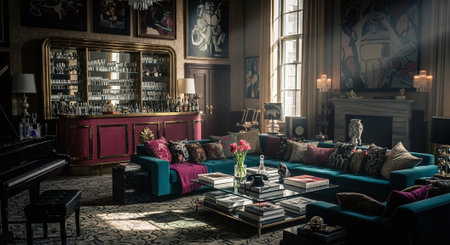 Interior of a luxury living room with a blue sofa, pillows and a bookcaseの素材
