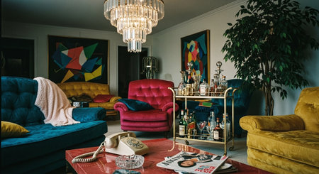 Interior of a living room with a blue sofa and a pink armchairの素材