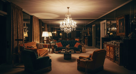 Interior of luxury living room with sofa, armchairs and fireplaceの素材