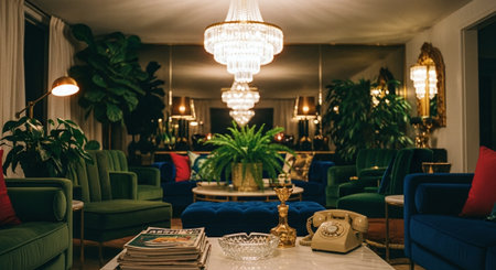 Luxury living room interior with sofa, coffee table, armchairs and vintage telephoneの素材