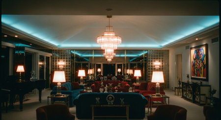 Luxury hotel lobby interior with red and blue armchairs and tablesの素材