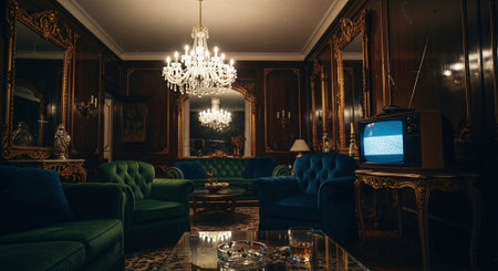 Luxury hotel room interior with sofas and TV.の素材