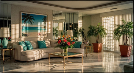 Luxury living room with sofa and palm tree. 3d renderの素材