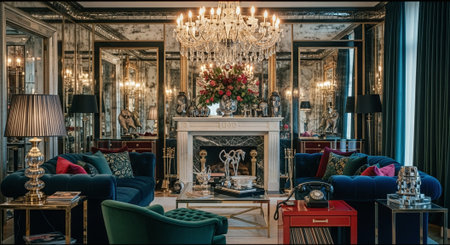 Luxury living room in classic style with fireplace, armchairs and plantsの素材