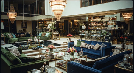 interior of a luxury hotel lobby with blue sofa and coffee tableの素材
