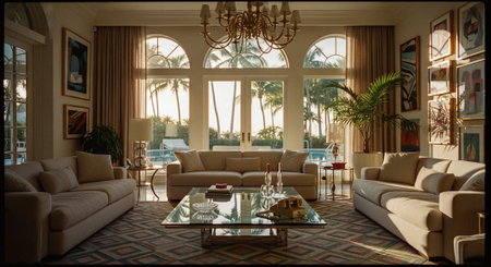 Luxury living room with a large window overlooking the tropicsの素材