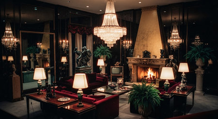 Interior of luxury hotel room with fireplace, sofa, armchair and lightingの素材