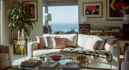 Living room interior with sofa, coffee table, coffee table and sea viewの素材