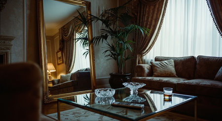 Luxury interior of a living room. Sofa, armchair and mirror.の素材