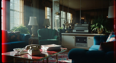 Interior of a living room with a sofa, a coffee table and a vintage telephoneの素材