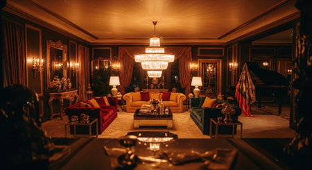 Luxury hotel room interior with furniture, fireplace and armchairsの素材