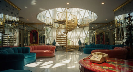 Interior of a hotel lobby with a staircase and a blue sofaの素材