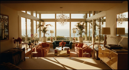 Interior of a luxury hotel room with a view of the seaの素材