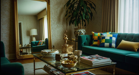 Interior of a luxury living room with a turquoise sofa, a gold candlestick and a mirrorの素材