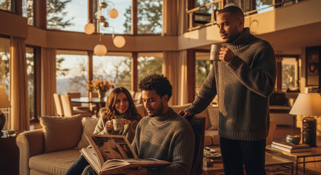 Handsome Afro-American man sitting in armchair and reading a book with his friends at homeの素材