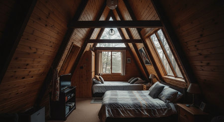 Interior of a wooden house with a double bed in the atticの素材