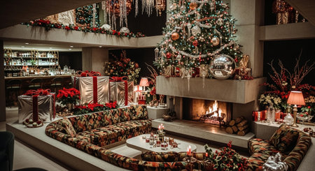 Christmas decoration in the living room of a modern house with fireplace and christmas treeの素材
