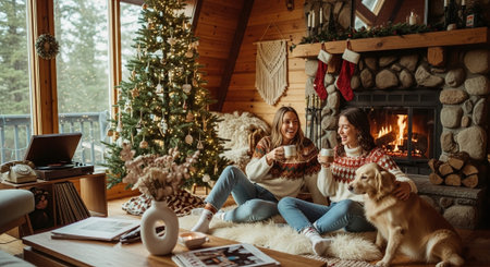 Two beautiful young women in warm sweaters and scarves sitting on the floor in front of the fireplace with a cup of hot drink in their hands.の素材