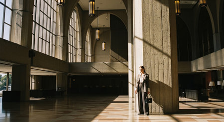 high angle view of elegant businesswoman in formal wear walking in hallの素材