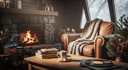 Cozy home interior with fireplace, armchair, coffee cup and books.の素材