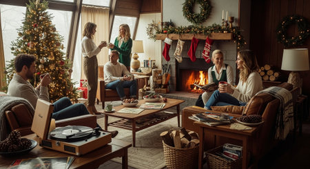 Group of happy friends celebrating Christmas at home, sitting in front of fireplaceの素材